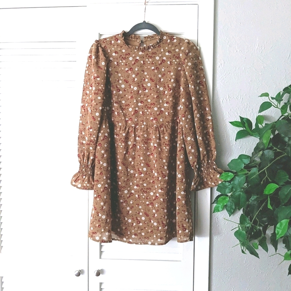 EST. 1946 Camel Floral Long Sleeve Ruffle Dress